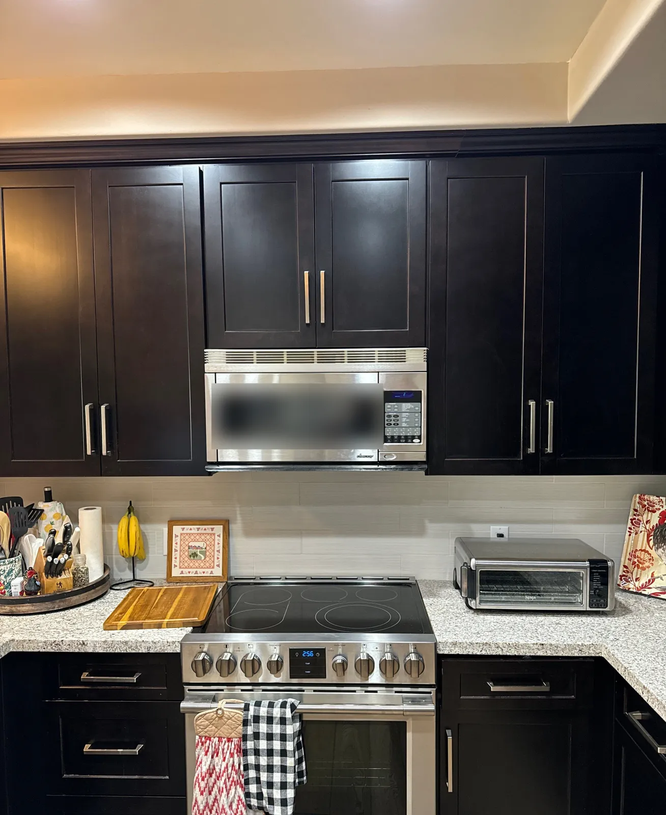 Espresso shaker cabinets above and beside a stainless range with a granite counter